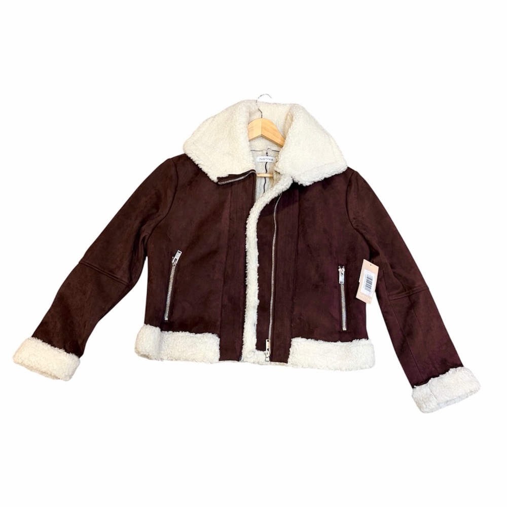 NEW JustFab Dark Brown Faux Suede Moto Sherpa Lined Aviator Jacket Size Medium - Picture 6 of 10